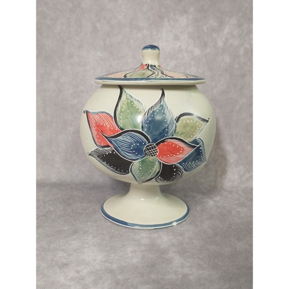 The Unbranded Brand Other - Pedestal Soapstone Jar With Lid Hand Painted and Carved Floral Design
